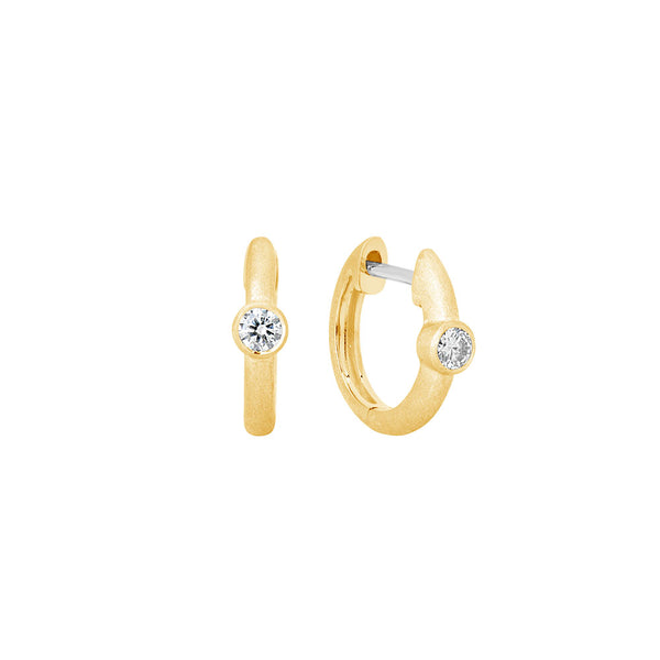 14 Karat Yellow MatteGold Huggy Earrings with Bezel Set Diamond