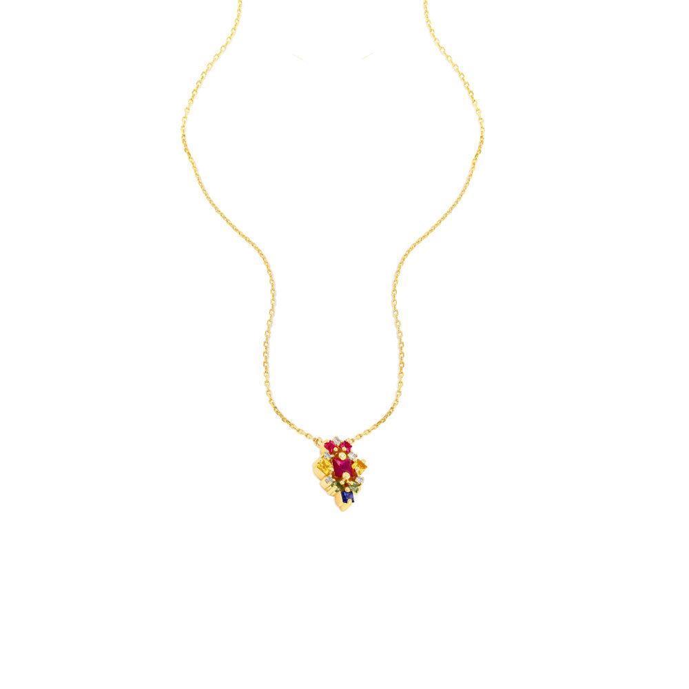 18 Karat Yellow Gold Cluster Necklace with Multi Colored Sapphires and Diamonds