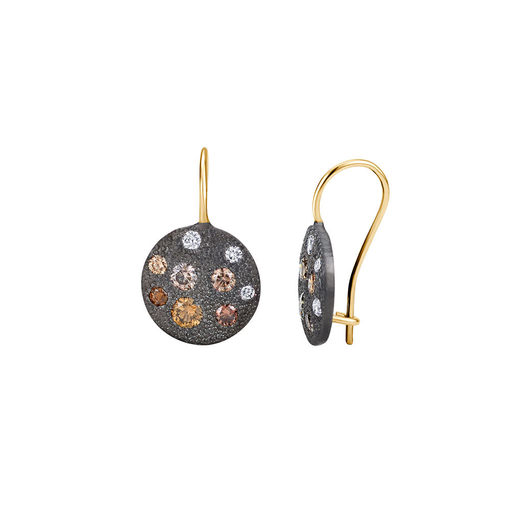 Sterling Silver Black Rhodium CARMEN Disc Earrings with Champagne Diamonds