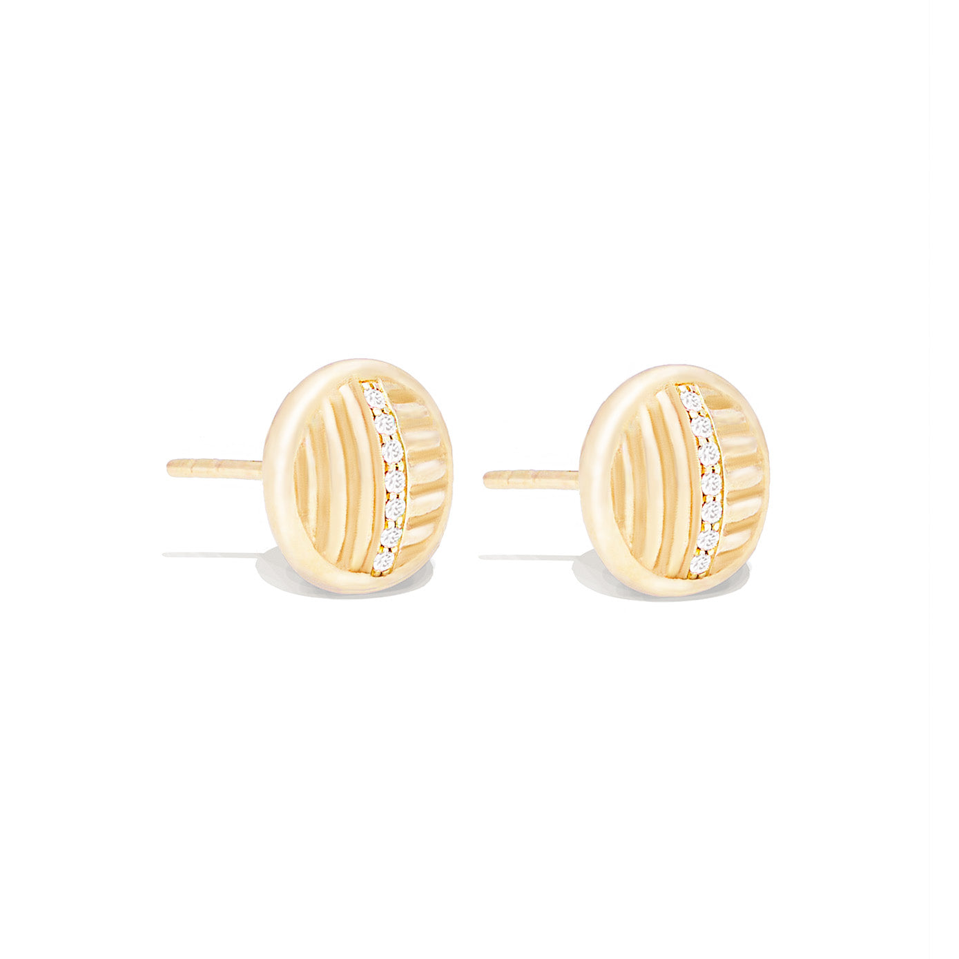 14 Karat Yellow Gold Round Ribbed Stud Earring with Diamonds
