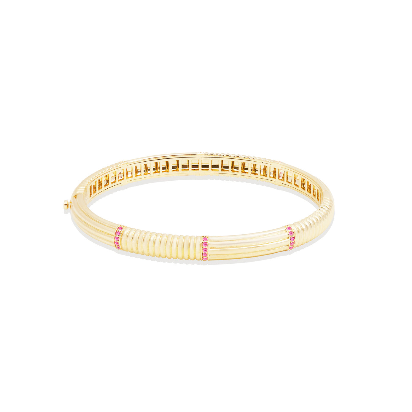 14 Karat Yellow Gold Found Round Hinged Bangle with Pink Sapphires