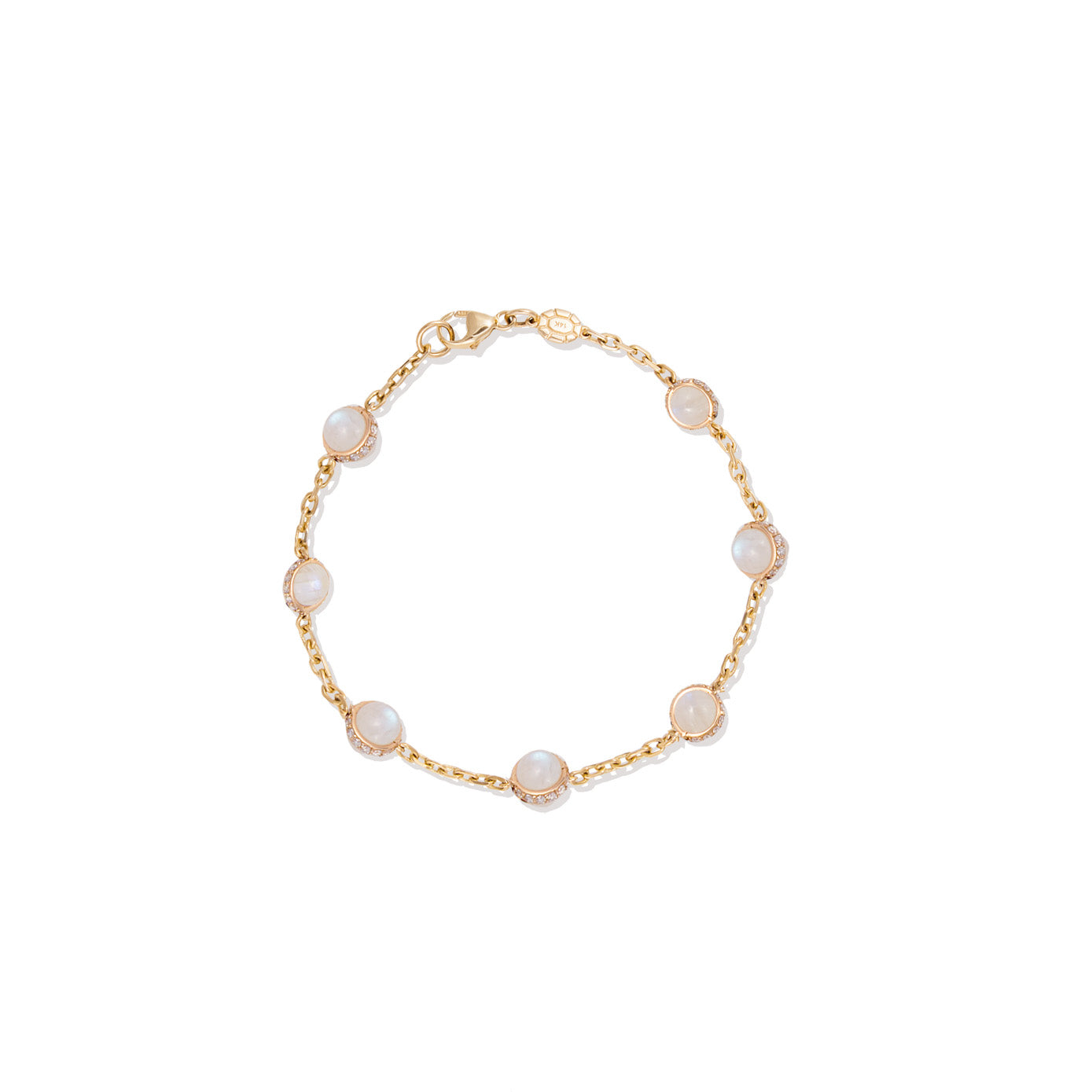 14 Karat Yellow Gold Round Cabochon Moonstone Station Bracelet