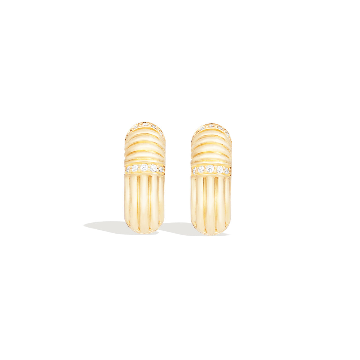 14 Karat Yellow Gold Round Ribbed Huggy Diamond Earrings