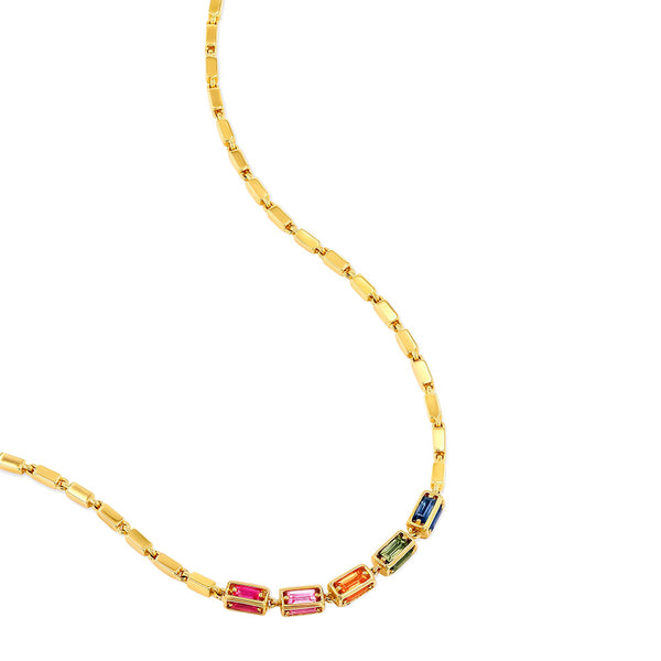 18 Karat Yellow Gold Small Link Necklace with Multi Colored Sapphires