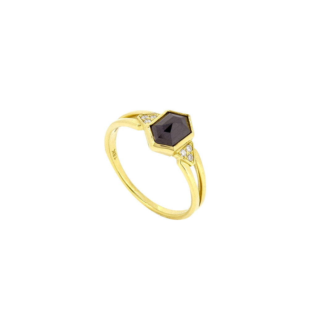 18 Karat Yellow Gold Ring with Hexagon Black Diamond