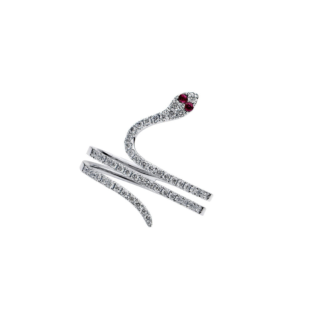 18 Karat White Gold Snake Ring with Diamonds and Rubies