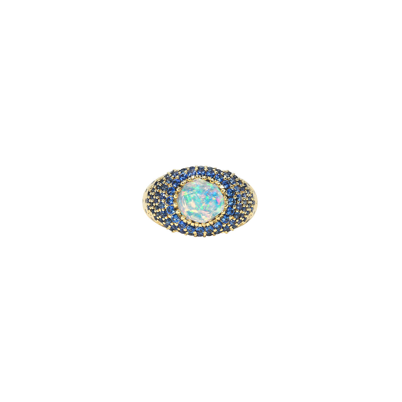 18 Karat Yellow Gold Frozen Fire Domed Ring with Fire Opal and Blue sapphires