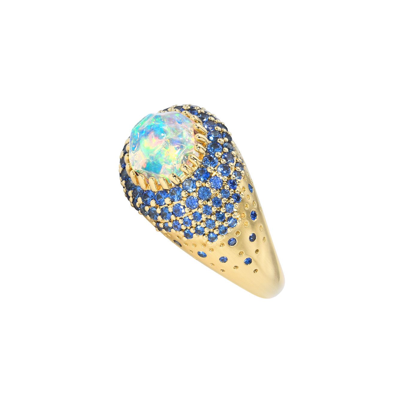 18 Karat Yellow Gold Frozen Fire Domed Ring with Fire Opal and Blue sapphires