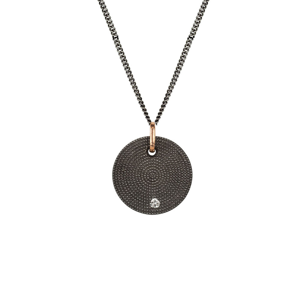 Sterling Silver Black Rhodium 20mm ANNA Textured Disc Pendant with One Diamond