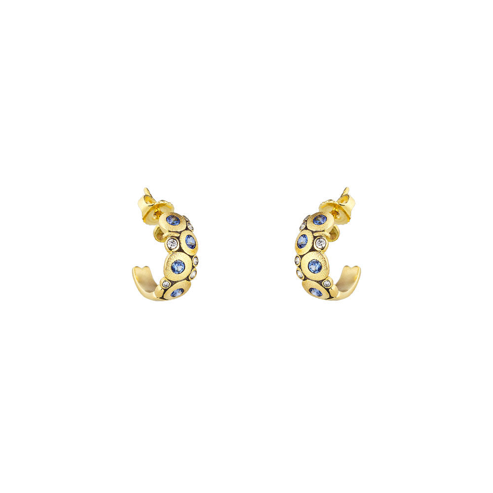 18 Karat Yellow Gold Candy Hoop earrings with Blue Sapphires and Diamonds