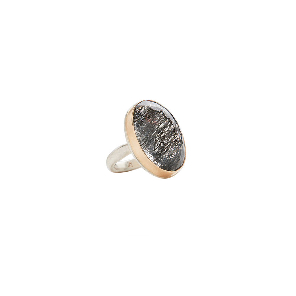 Two Tone Silver and 14 Karat Yellow Gold Quartz Ring