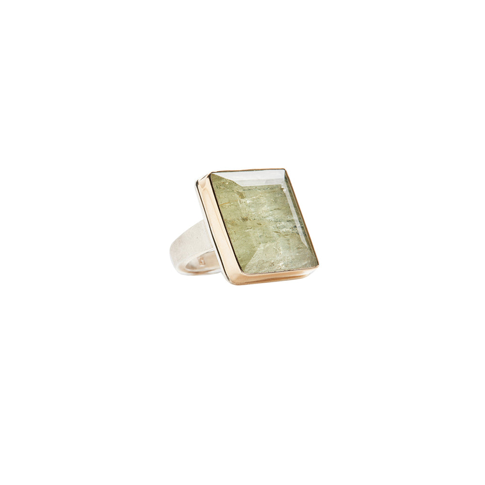 Two Tone Silver and 14 Karat Yellow Gold Ring Yellow Beryl Ring