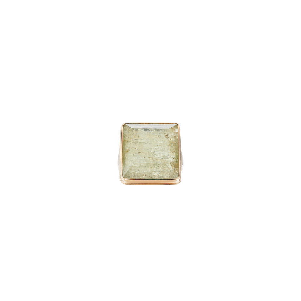 Two Tone Silver and 14 Karat Yellow Gold Ring Yellow Beryl Ring