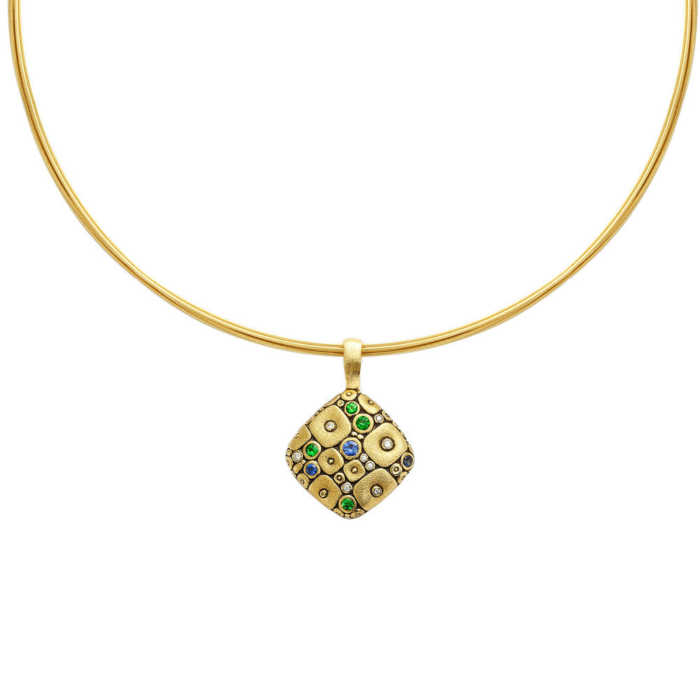 18 Karat Yellow Gold Soft Mosaic pendant with Sapphires, Tsavorites and Diamonds
