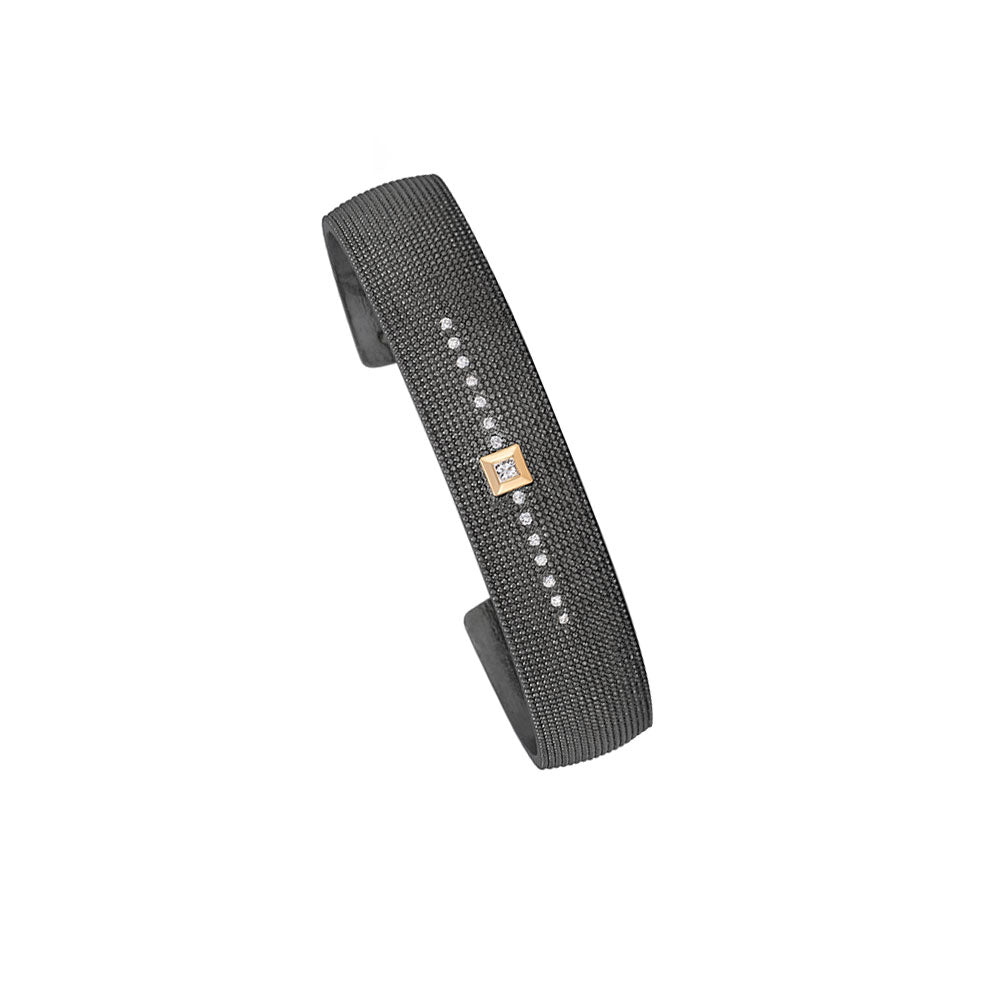 Sterling Silver Black Rhodium NAN Textured Cuff Bracelet with Diamonds