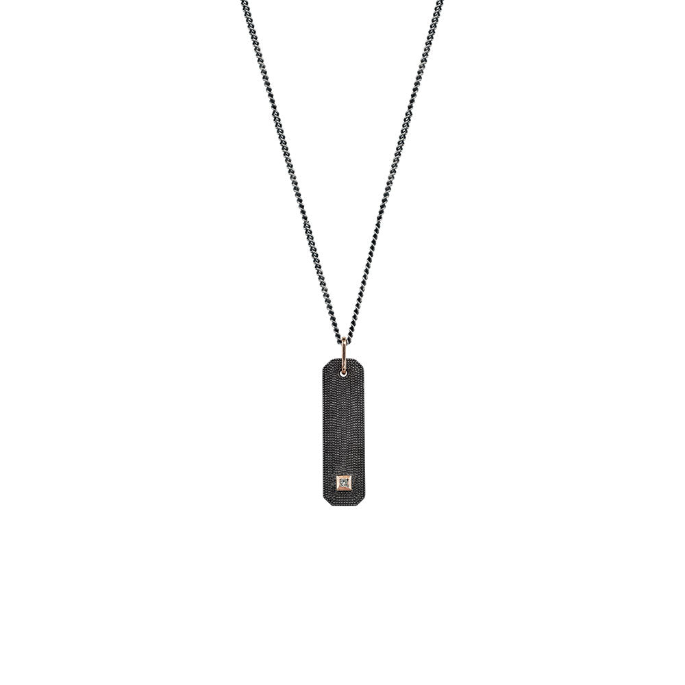 Sterling Silver Black Rhodium NALA Textured Bar Pendant with single diamond