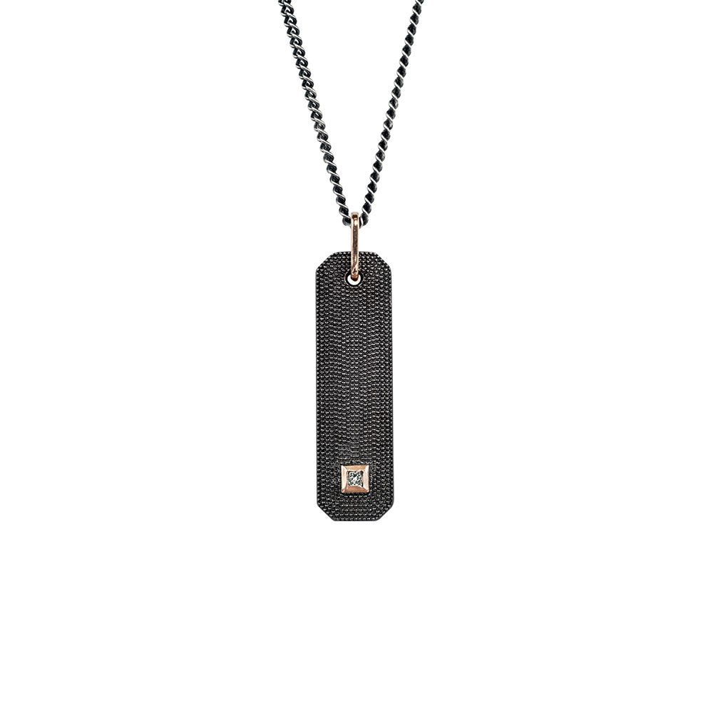 Sterling Silver Black Rhodium NALA Textured Bar Pendant with single diamond