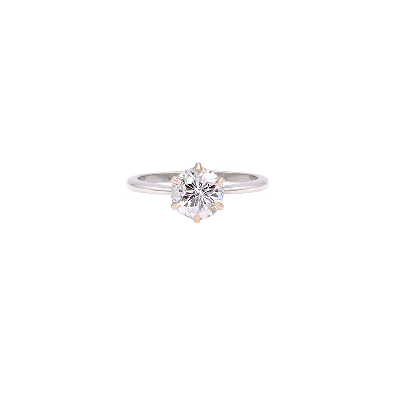 18 Karat White Gold Ring with 6 Prong Setting, White Diamond Round American Rose Brilliant Cut