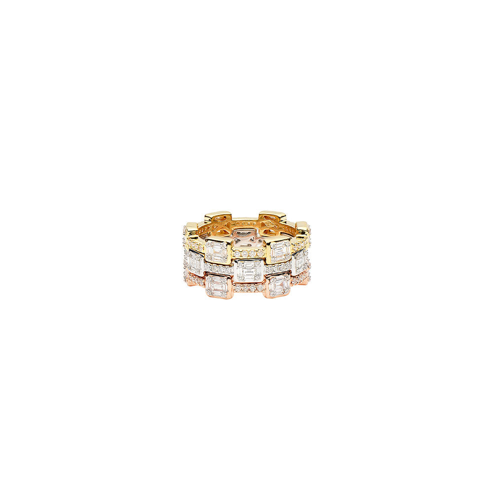 Three stacking rings in 18 Karat Rose, Yellow and White gold with Round and Baguette diamonds