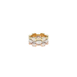 Three stacking rings in 18 Karat Rose, Yellow and White gold with Round and Baguette diamonds