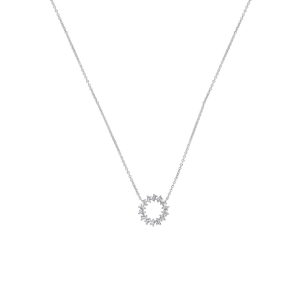 14 Karat White Gold Circle Pendant Necklace with Diamond Baguettes