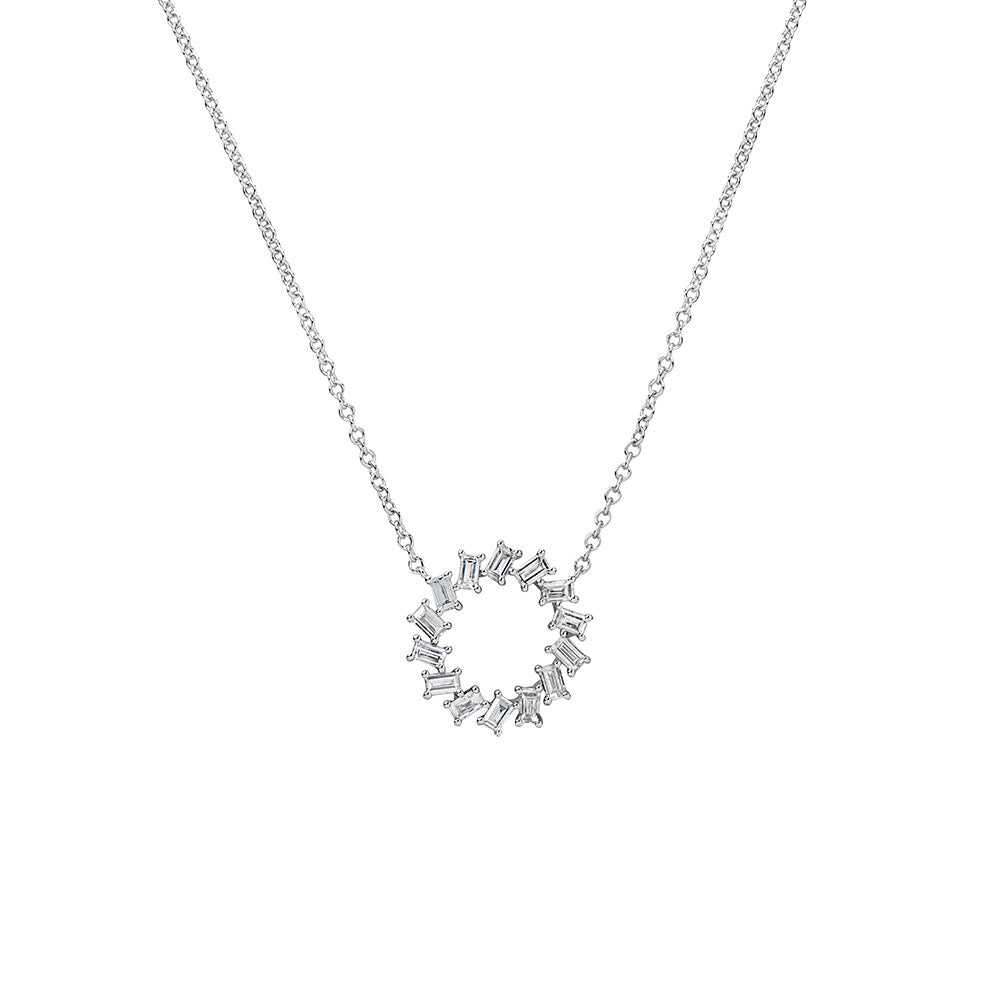 14 Karat White Gold Circle Pendant Necklace with Diamond Baguettes