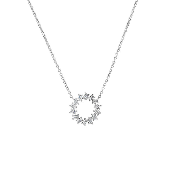 14 Karat White Gold Circle Pendant Necklace with Diamond Baguettes