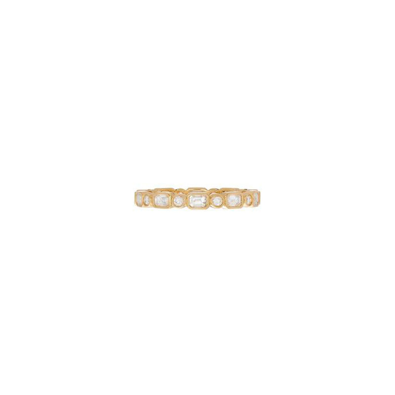18 Karat Yellow Gold Myra Eternity Band with Emerald Cut and Round Diamonds