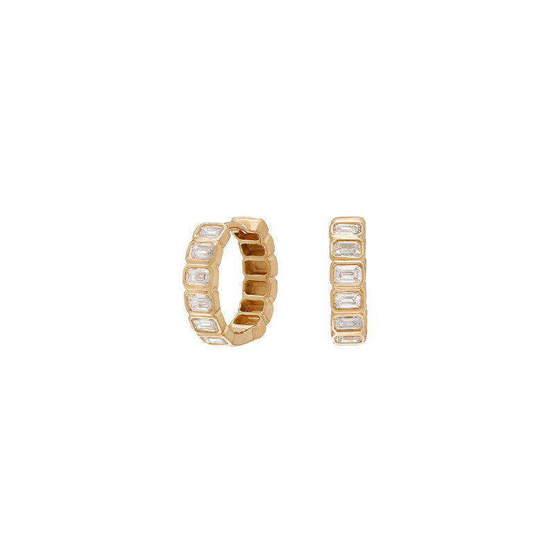 18 Karat Yellow Gold Nea Huggy Earrings with Emerald Cut Diamonds