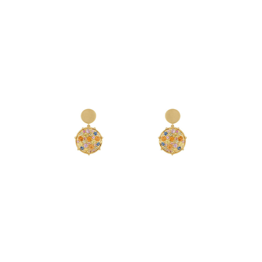 18 Karat Yellow gold confetti rainbow sapphire disc drop earrings