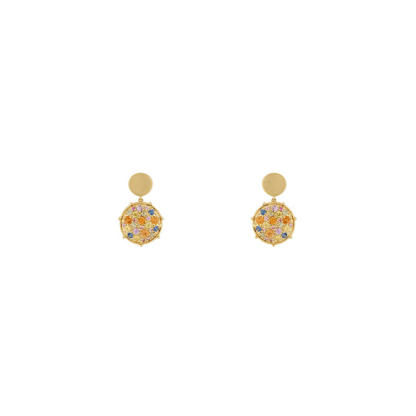 18 Karat Yellow gold confetti rainbow sapphire disc drop earrings