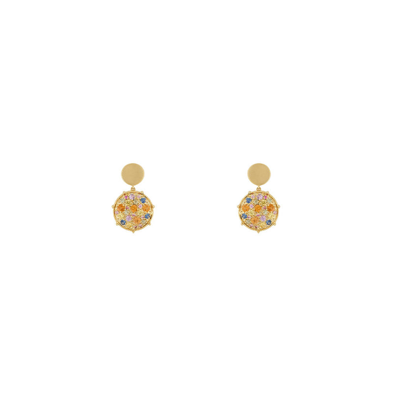 18 Karat Yellow gold confetti rainbow sapphire disc drop earrings