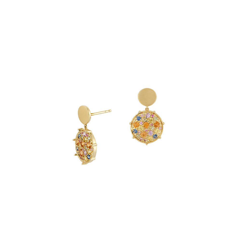 18 Karat Yellow gold confetti rainbow sapphire disc drop earrings