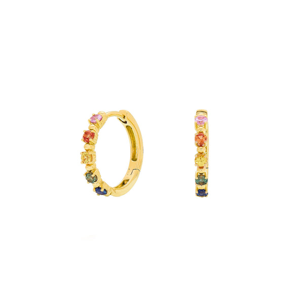 18 Karat Yellow Gold Small Hoop Earrings with Rainbow Sapphires
