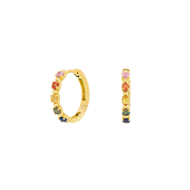 18 Karat Yellow Gold Small Hoop Earrings with Rainbow Sapphires
