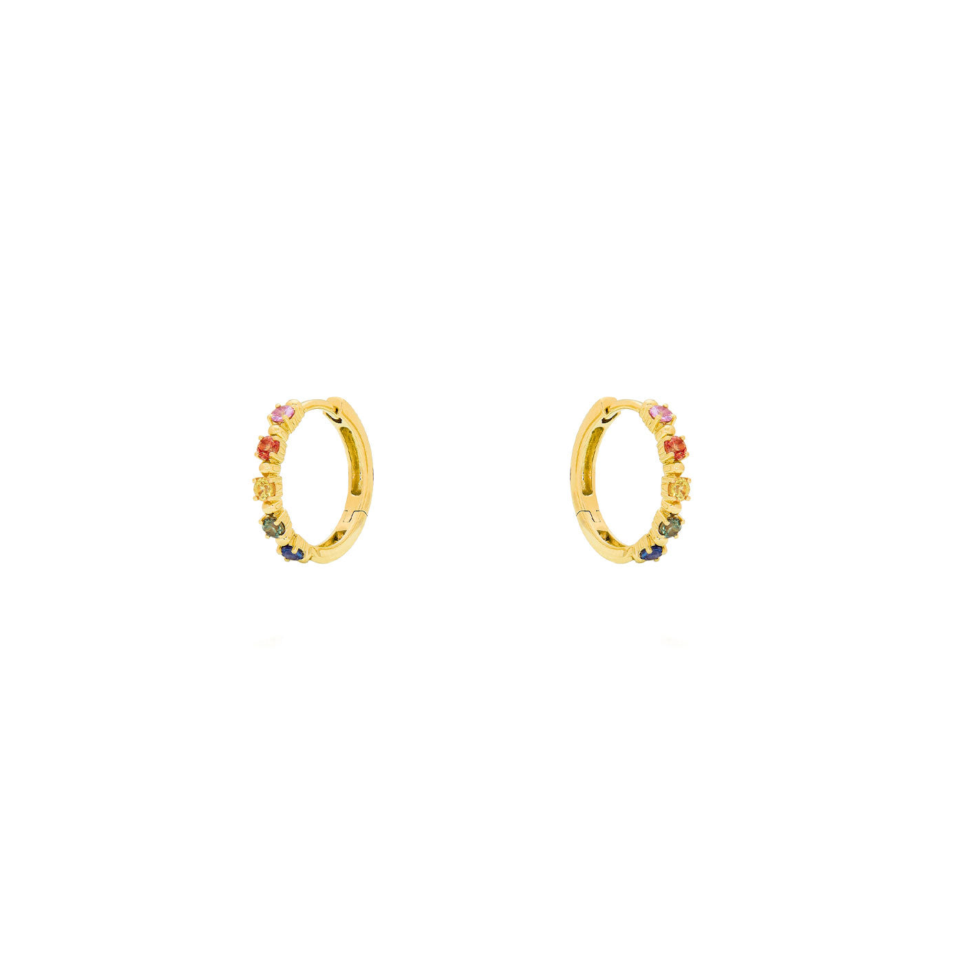 18 Karat Yellow Gold Small Hoop Earrings with Rainbow Sapphires