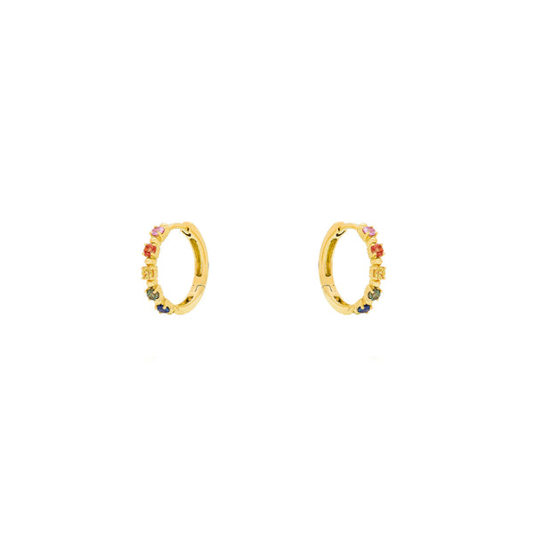 18 Karat Yellow Gold Small Hoop Earrings with Rainbow Sapphires
