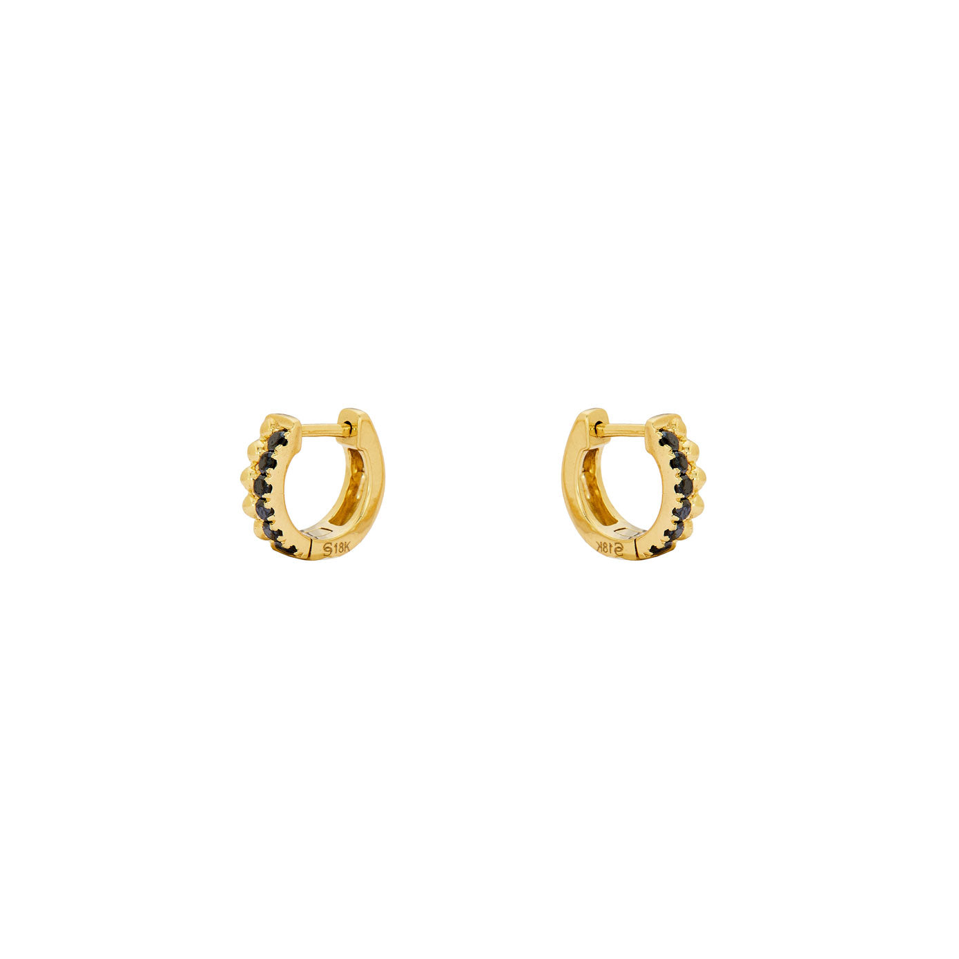 18 Karat Yellow Gold Tila Mini Huggy Earrings with Black Diamonds