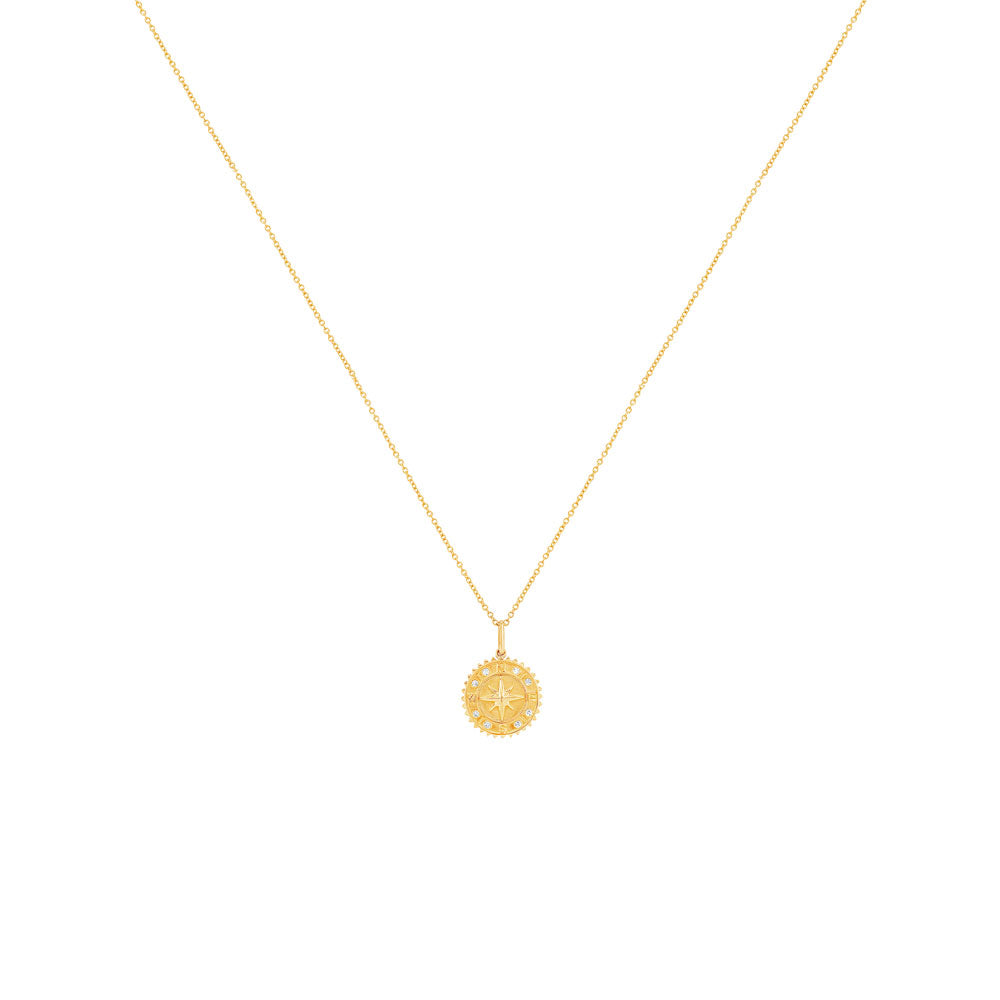 14 Karat Yellow Gold Compass Medallion Pendant Necklace with Diamonds