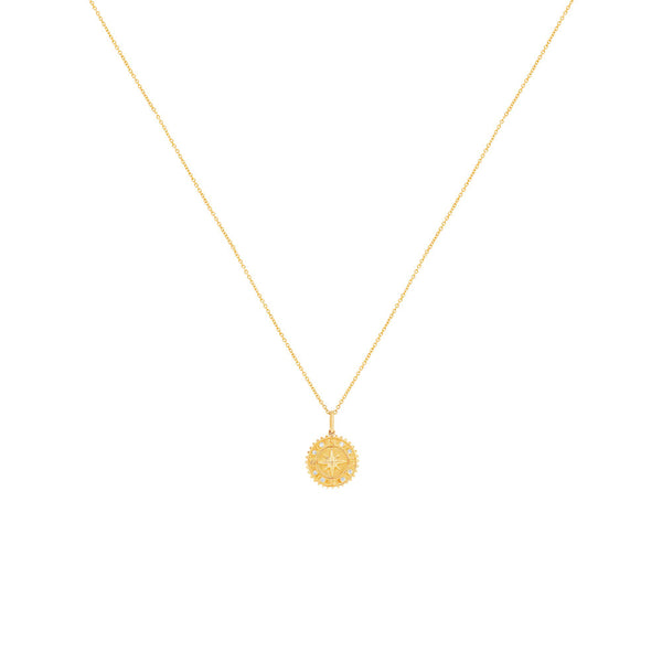 14 Karat Yellow Gold Compass Medallion Pendant Necklace with Diamonds