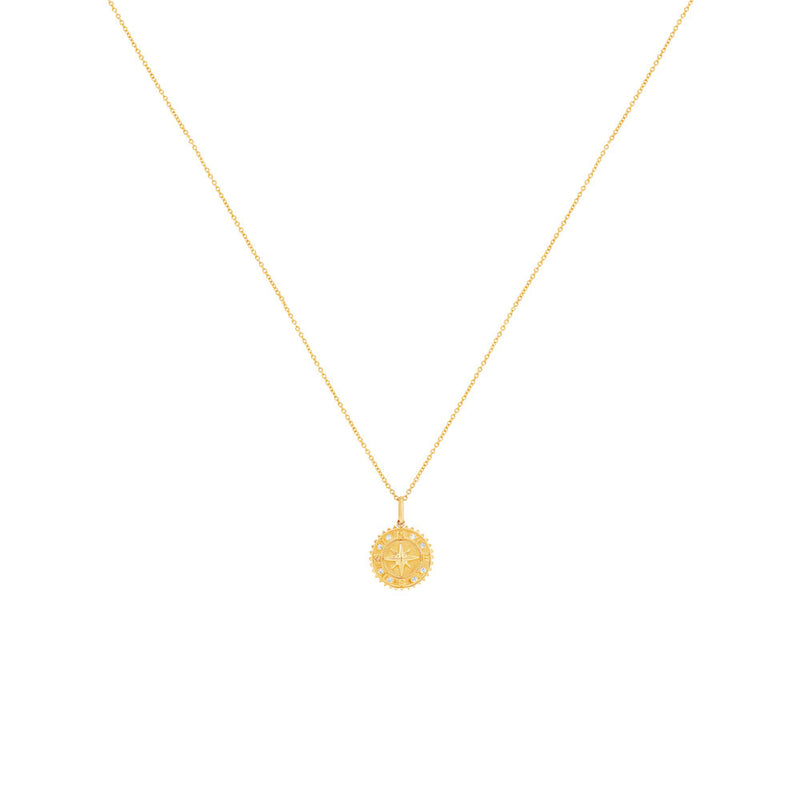 14 Karat Yellow Gold Compass Medallion Pendant Necklace with Diamonds