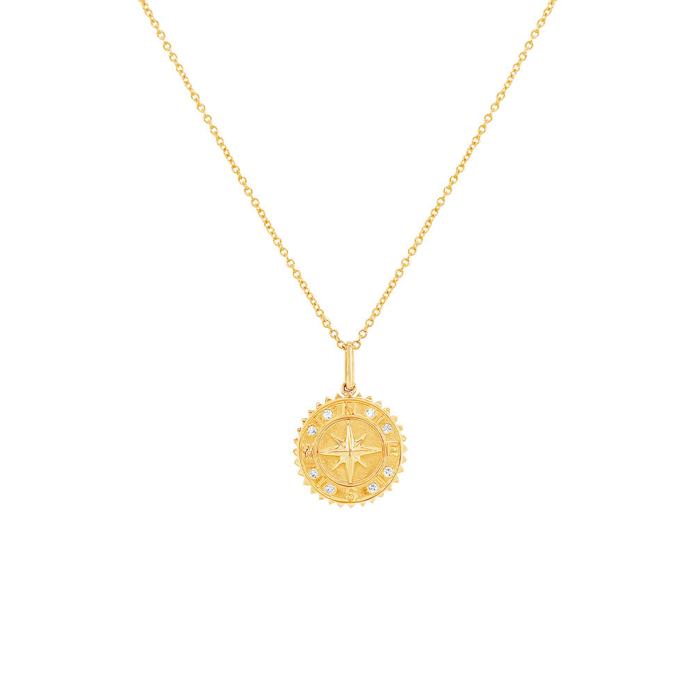 14 Karat Yellow Gold Compass Medallion Pendant Necklace with Diamonds