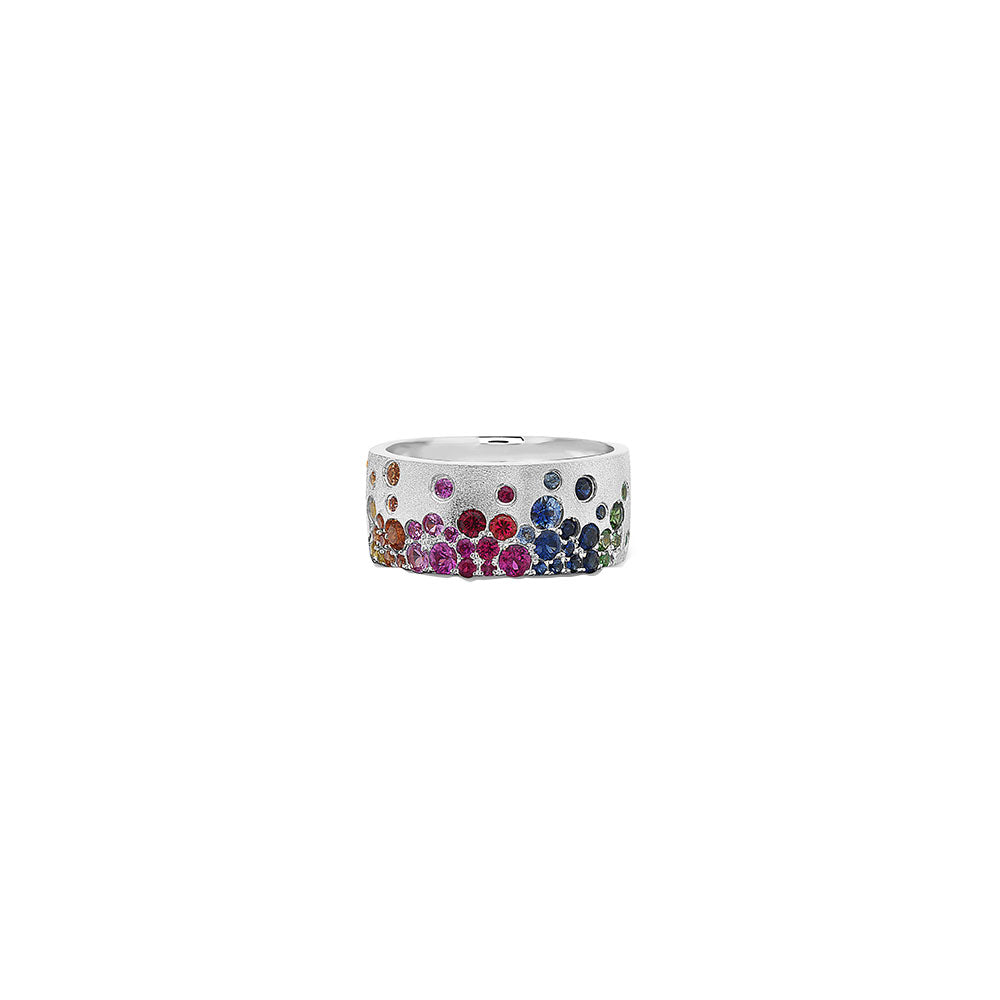 14 Karat White Gold Rainbow Flush Set Cigar Band with Multi Colored Sapphires and Tsavorite