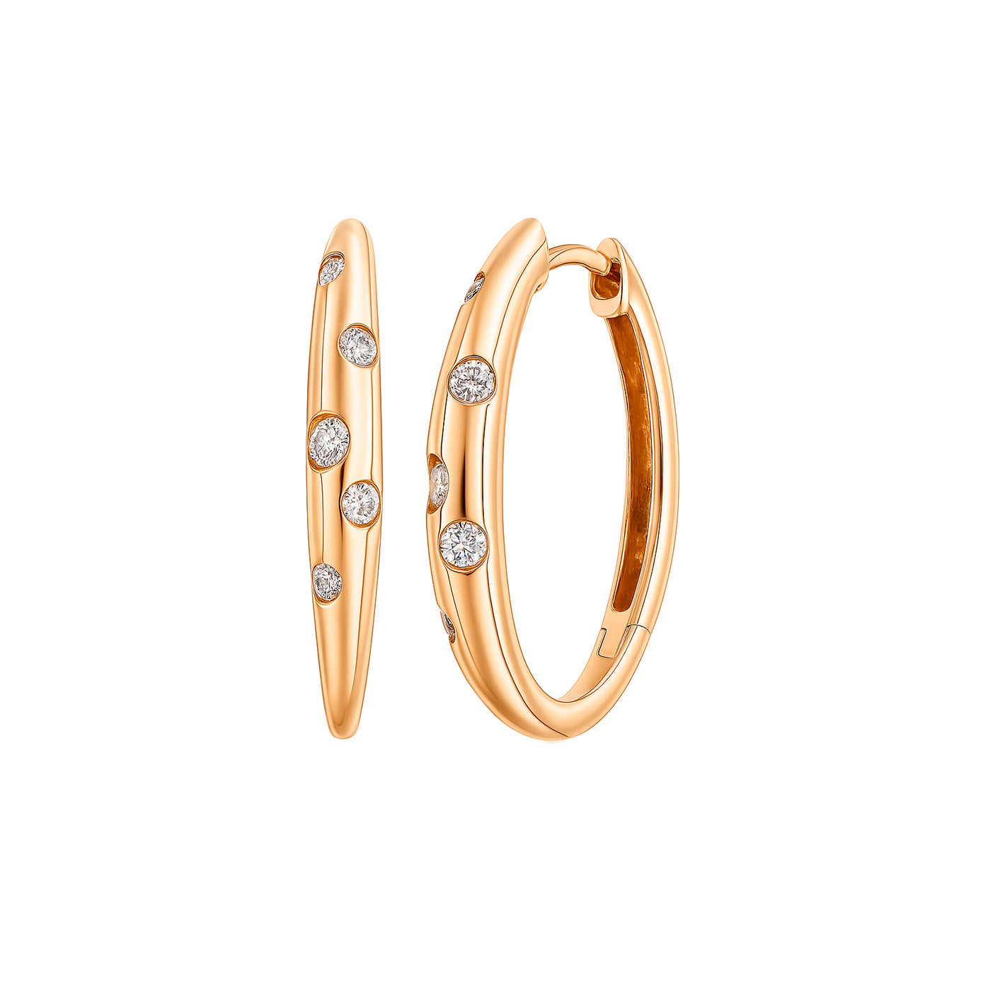 14 Karat Rose Gold Small Hoop Earrings With Diamonds