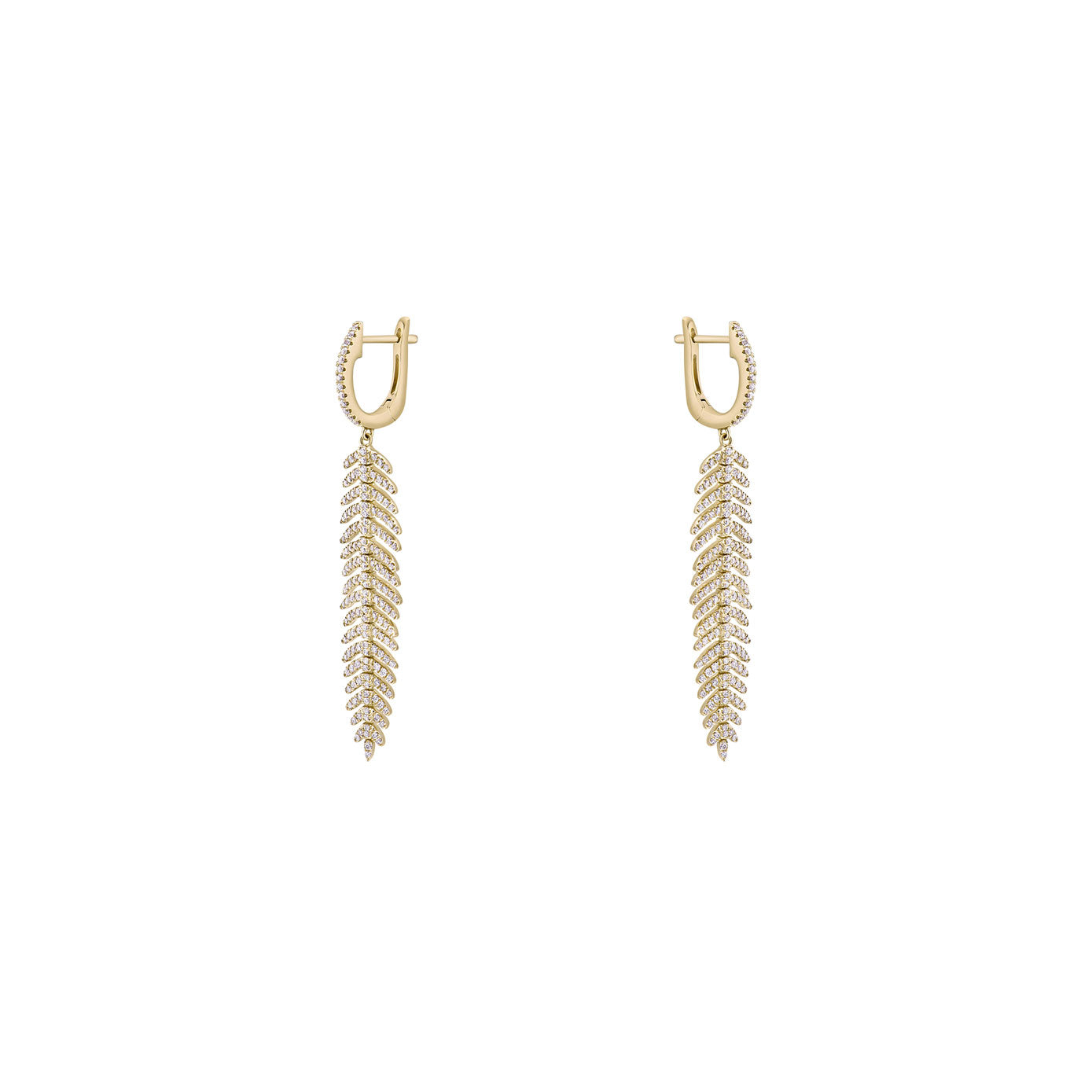 14 Karat Yellow Gold Feather Earrings With Diamonds