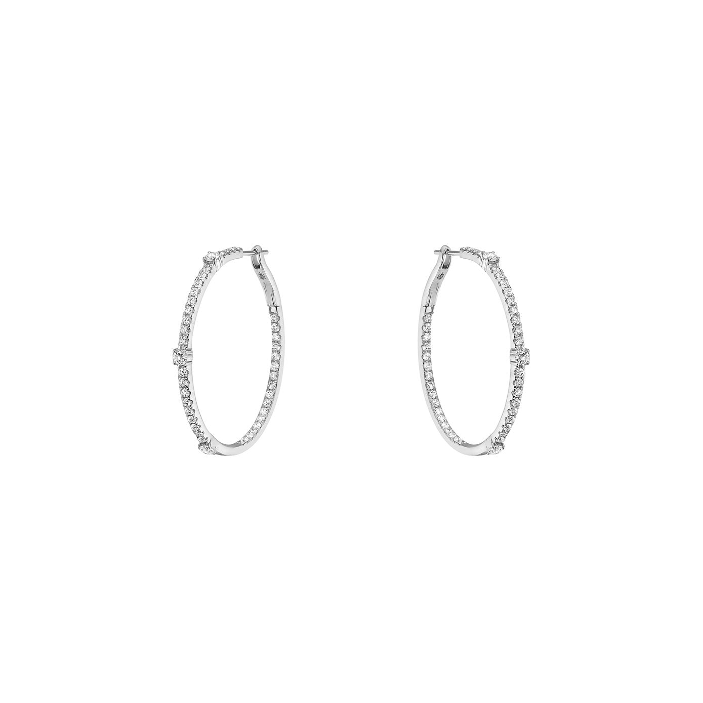 14 Karat White Gold Medium Hoop Earrings With Diamonds
