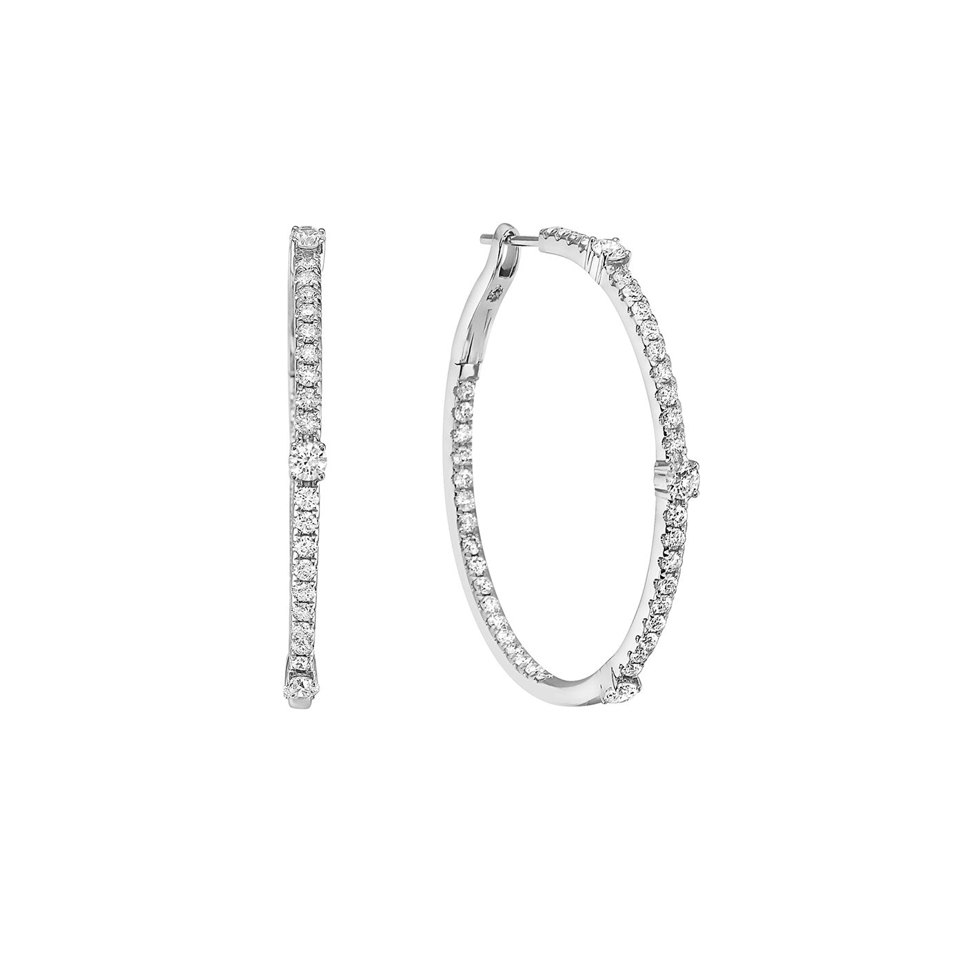 14 Karat White Gold Medium Hoop Earrings With Diamonds