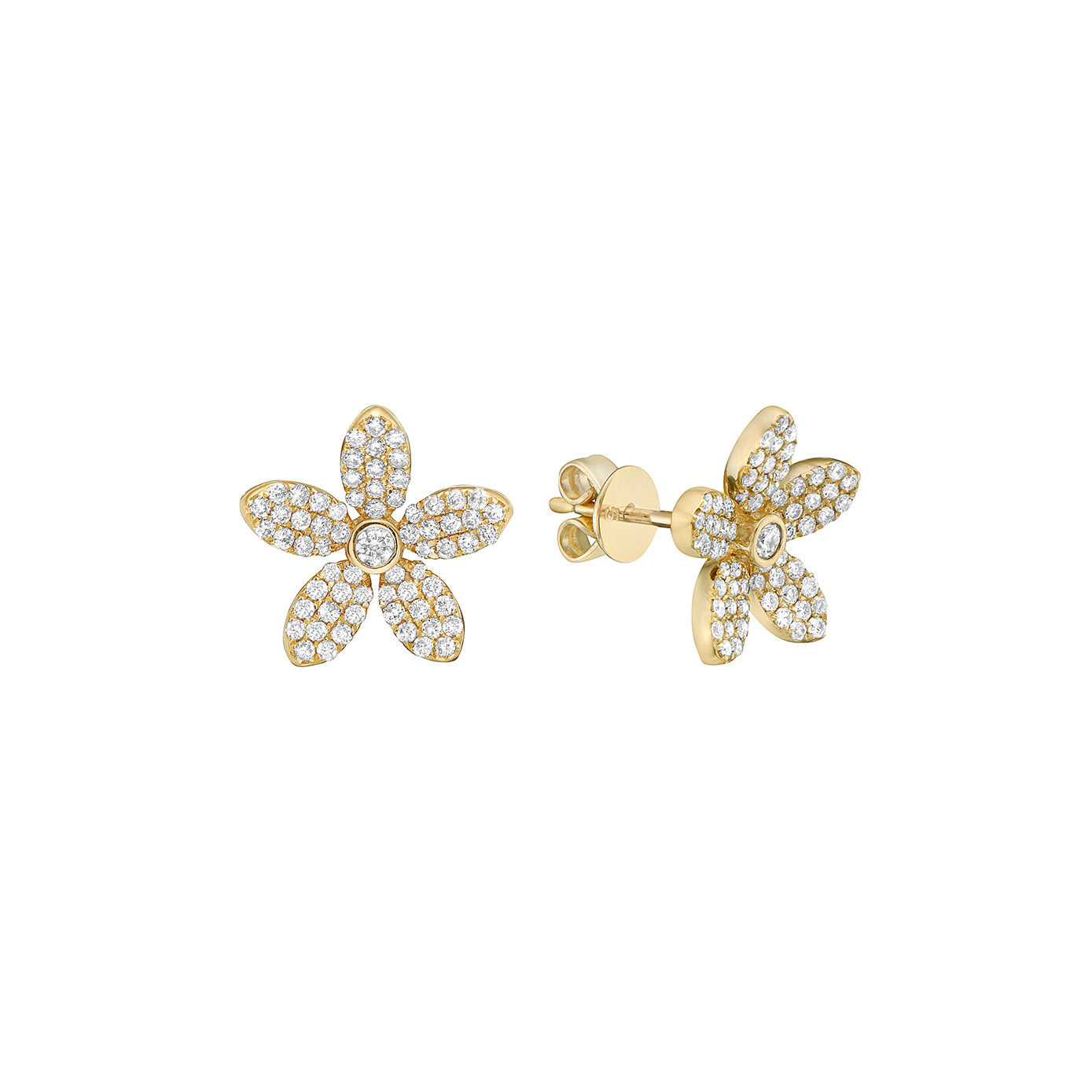 14 Karat Yellow Gold Flower Earrings With Diamonds