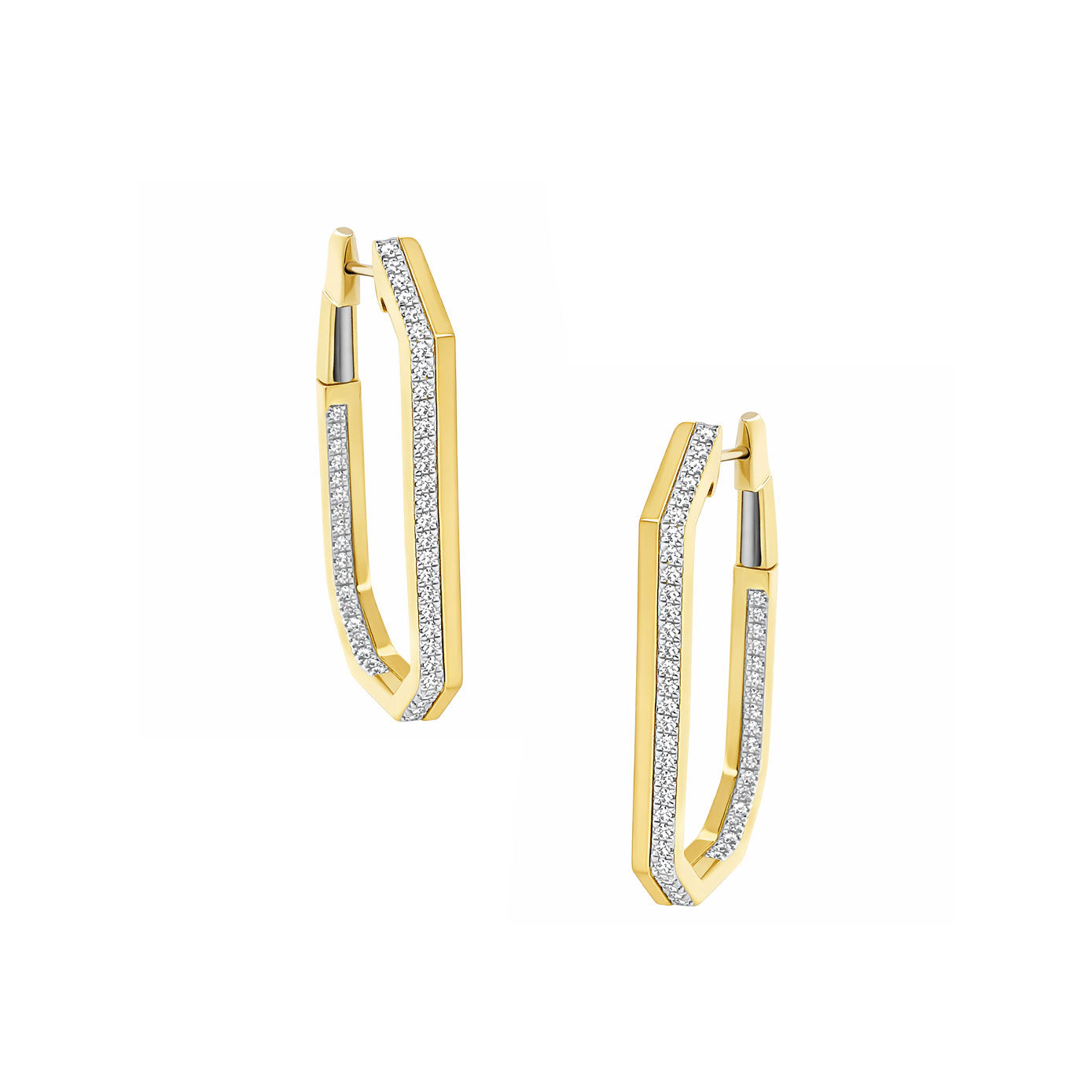 14 Karat Yellow Gold Rectangle Inside/Out Hoop Earrings with Diamonds