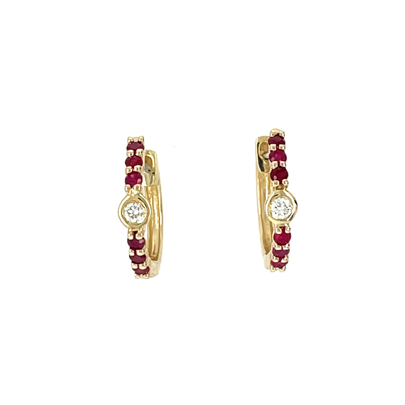 14 Karat Yellow Gold Huggy Earrings with Rubies and diamond